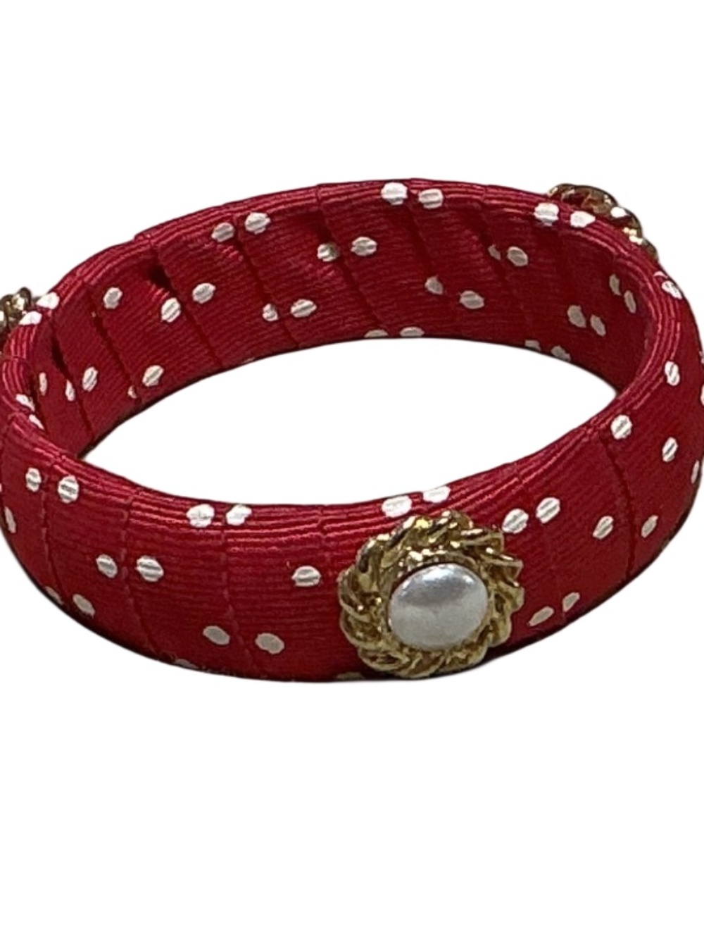 Red & White Polka Dot Bracelet, Bangle, Fabric Covered, Pearls & Gold, Fun Style